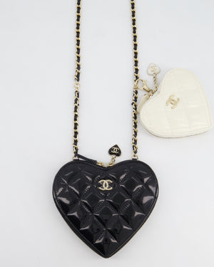 Chanel Black & White 23P Patent Calfskin Resin Quilted CC Double Heart Clutch with Champaign Gold Hardware