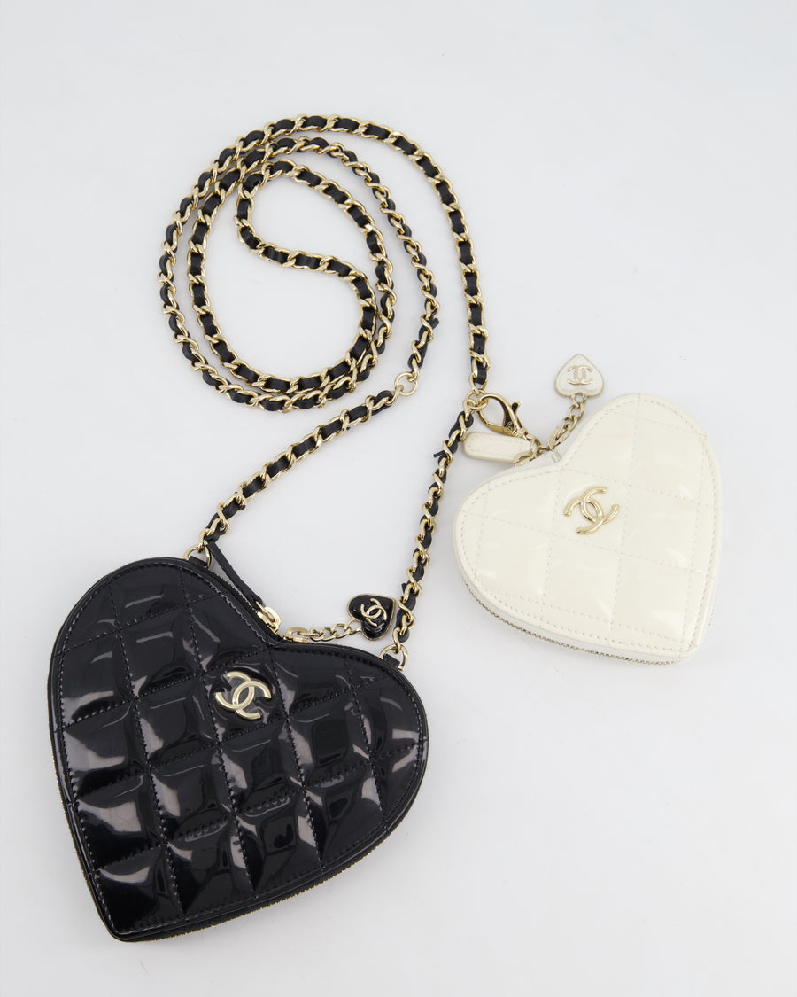 Chanel Black & White 23P Patent Calfskin Resin Quilted CC Double Heart Clutch with Champaign Gold Hardware