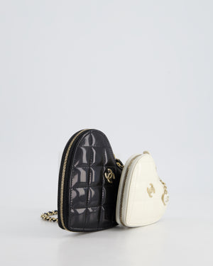 Chanel Black & White 23P Patent Calfskin Resin Quilted CC Double Heart Clutch with Champaign Gold Hardware