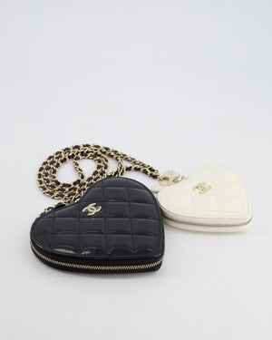 Chanel Black & White 23P Patent Calfskin Resin Quilted CC Double Heart Clutch with Champaign Gold Hardware