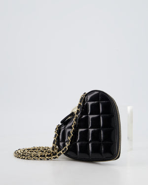 Chanel Black & White 23P Patent Calfskin Resin Quilted CC Double Heart Clutch with Champaign Gold Hardware