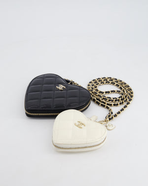 Chanel Black & White 23P Patent Calfskin Resin Quilted CC Double Heart Clutch with Champaign Gold Hardware