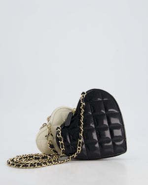 Chanel Black & White 23P Patent Calfskin Resin Quilted CC Double Heart Clutch with Champaign Gold Hardware