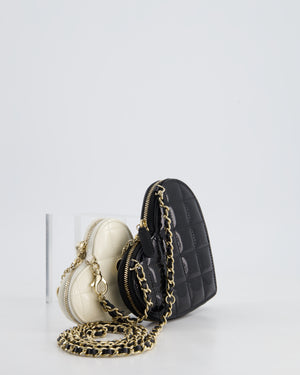 Chanel Black & White 23P Patent Calfskin Resin Quilted CC Double Heart Clutch with Champaign Gold Hardware