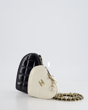 Chanel Black & White 23P Patent Calfskin Resin Quilted CC Double Heart Clutch with Champaign Gold Hardware