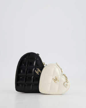 Chanel Black & White 23P Patent Calfskin Resin Quilted CC Double Heart Clutch with Champaign Gold Hardware