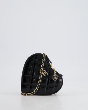 Chanel Black & White 23P Patent Calfskin Resin Quilted CC Double Heart Clutch with Champaign Gold Hardware