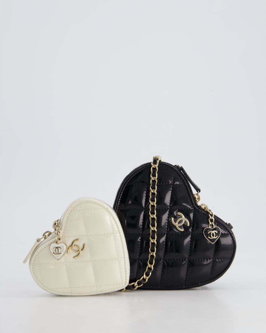 Chanel Black & White 23P Patent Calfskin Resin Quilted CC Double Heart Clutch with Champaign Gold Hardware