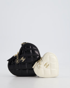 Chanel Black & White 23P Patent Calfskin Resin Quilted CC Double Heart Clutch with Champaign Gold Hardware