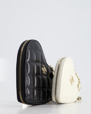 Chanel Black & White 23P Patent Calfskin Resin Quilted CC Double Heart Clutch with Champaign Gold Hardware