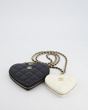 Chanel Black & White 23P Patent Calfskin Resin Quilted CC Double Heart Clutch with Champaign Gold Hardware