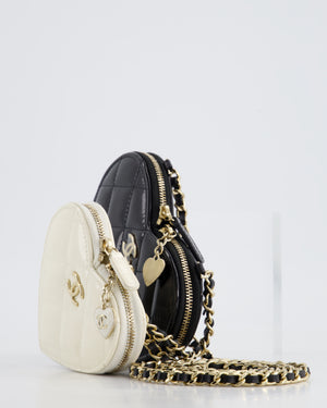 Chanel Black & White 23P Patent Calfskin Resin Quilted CC Double Heart Clutch with Champaign Gold Hardware