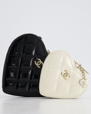 Chanel Black & White 23P Patent Calfskin Resin Quilted CC Double Heart Clutch with Champaign Gold Hardware