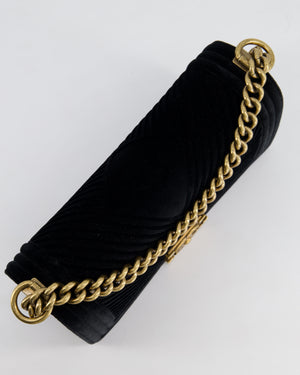 *HOT* Chanel Black Velvet Chevron Medium Boy Bag with CC Logo and Antique Gold Hardware