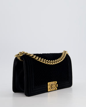 *HOT* Chanel Black Velvet Chevron Medium Boy Bag with CC Logo and Antique Gold Hardware