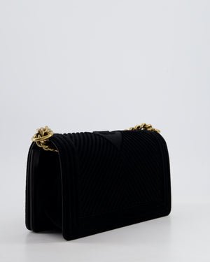 *HOT* Chanel Black Velvet Chevron Medium Boy Bag with CC Logo and Antique Gold Hardware