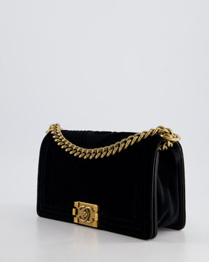 *HOT* Chanel Black Velvet Chevron Medium Boy Bag with CC Logo and Antique Gold Hardware