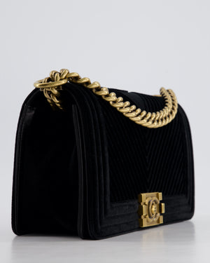 *HOT* Chanel Black Velvet Chevron Medium Boy Bag with CC Logo and Antique Gold Hardware