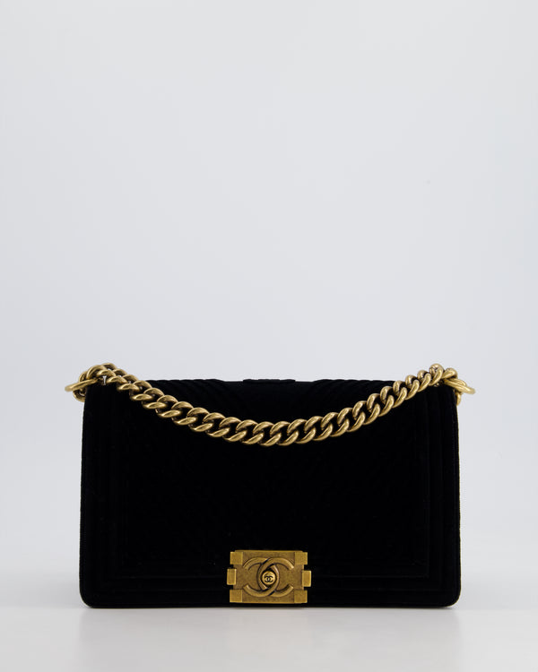 *HOT* Chanel Black Velvet Chevron Medium Boy Bag with CC Logo and Antique Gold Hardware