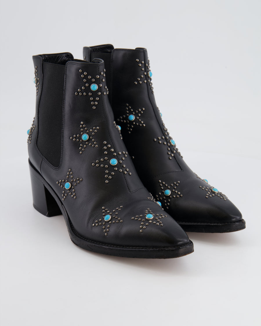 Valentino Black Leather Chelsea Boots with Blue Star Stud Details Size EU 40&nbsp;