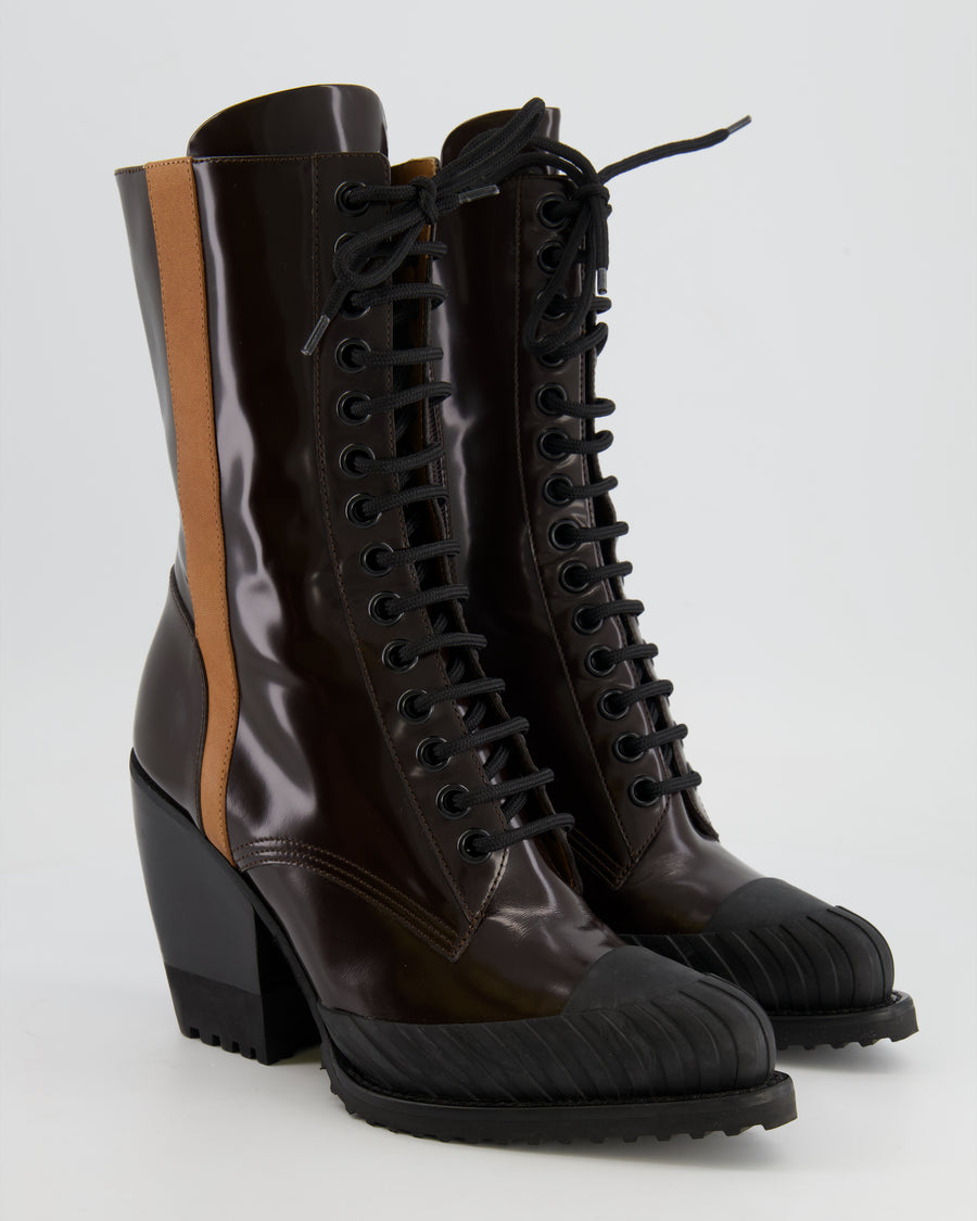 Chloé Brown Patent Rylee Lace Up Boots Size EU 40.5