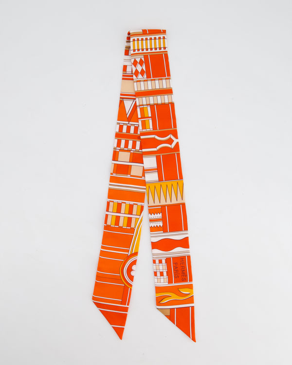 Hermès Coral Red & Orange Abstract Printed Silk Twilly Scarf