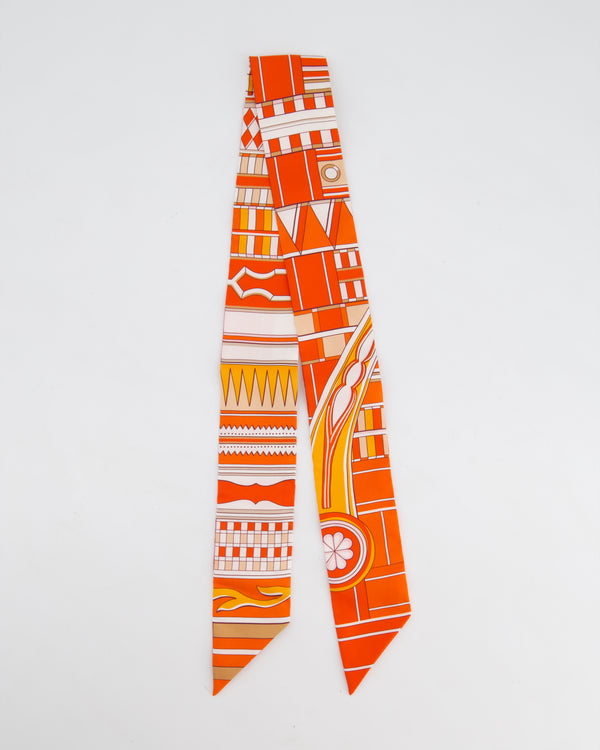 Hermès Coral Red & Orange Abstract Printed Silk Twilly Scarf