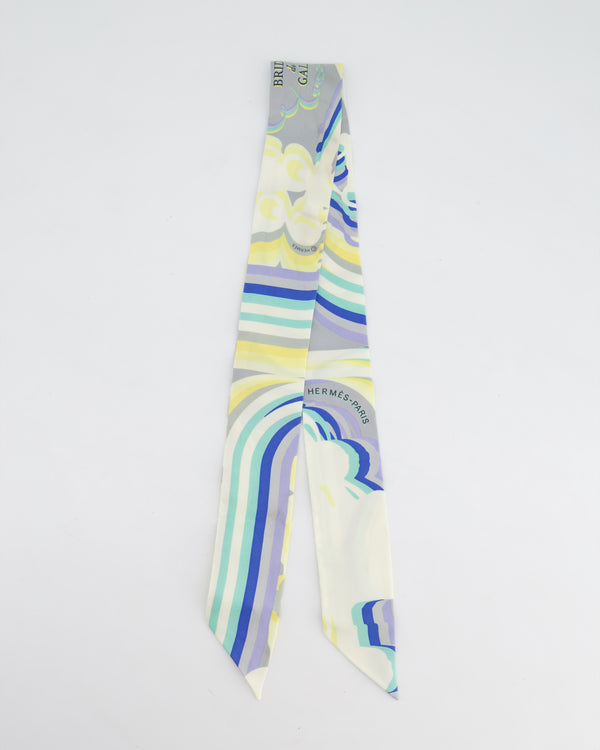 Hermès Brides De Gala Twilly Scarf in Cream, Blue & Yellow Printed Silk