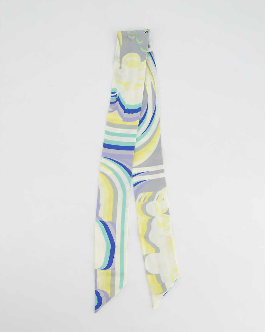 Hermès Brides De Gala Twilly Scarf in Cream, Blue & Yellow Printed Silk