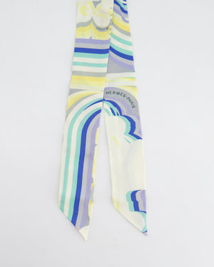 Hermès Brides De Gala Twilly Scarf in Cream, Blue & Yellow Printed Silk