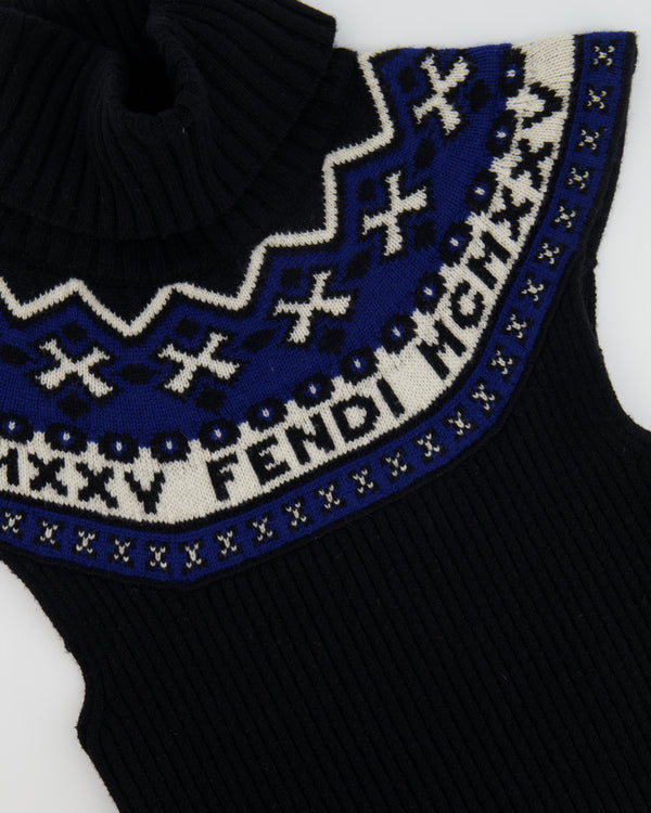 Fendi Black, Blue and White Logo Cashmere Sleeveless High-Neck Top Size IT 42 (UK 10)