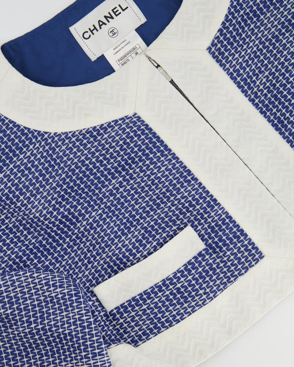 Chanel Blue and White Mid-Sleeve Cropped Jacket with Zip and Pockets Size FR 38 (UK 10)