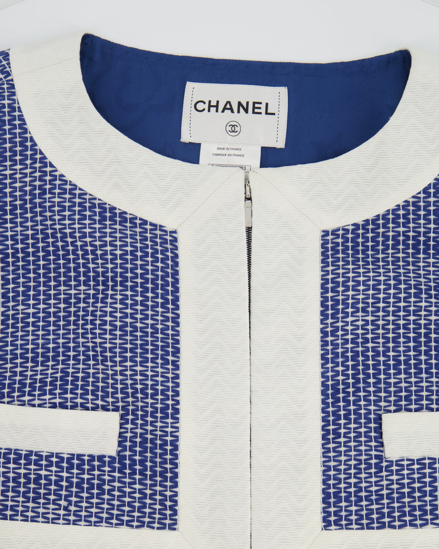 Chanel Blue and White Mid-Sleeve Cropped Jacket with Zip and Pockets Size FR 38 (UK 10)