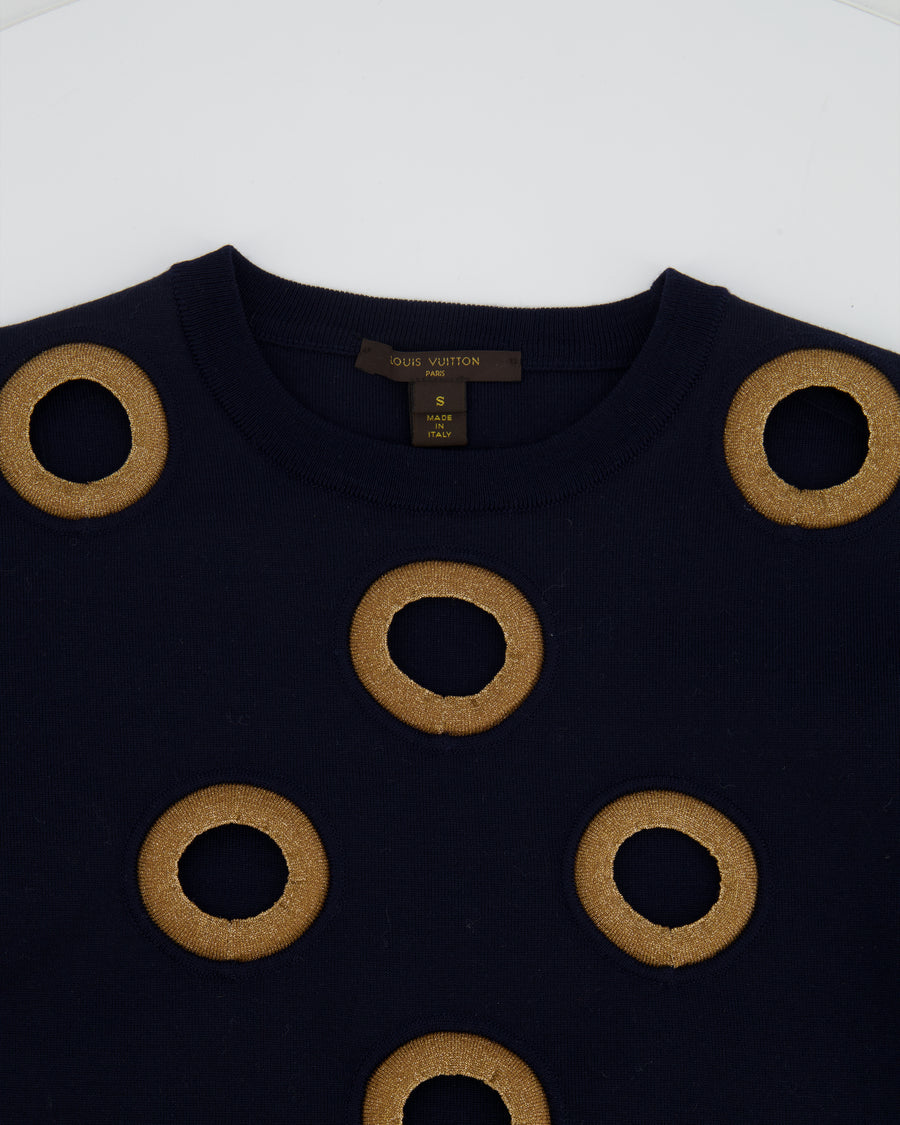 Louis Vuitton Navy Long-Sleeve Wool Top with Gold Cut-Out Details Size S (UK 8)