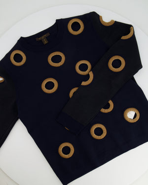 Louis Vuitton Navy Long-Sleeve Wool Top with Gold Cut-Out Details Size S (UK 8)