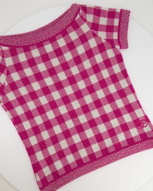 Chanel Pink and White Gingham Cashmere Short-Sleeve Top with CC Logo Size FR 38 (UK 10)