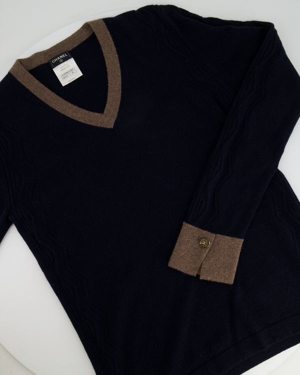 Chanel Navy Cashmere Jumper with Metallic Brown Details and CC Logo Buttons Size FR 40 (UK 12)