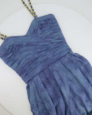 Balmain Denim Blue Silk Jumpsuit with Gold Chain-Straps and Buttons Detail Size FR 38 (UK 10)