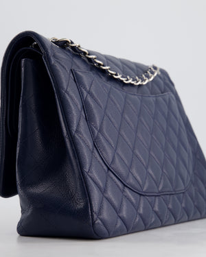 Chanel Navy Maxi Classic Double Flap Bag in Caviar Leather with Sliver Hardware