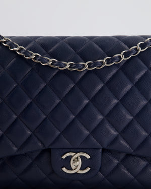 Chanel Navy Maxi Classic Double Flap Bag in Caviar Leather with Sliver Hardware