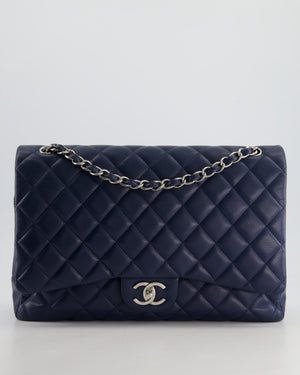 Chanel Navy Maxi Classic Double Flap Bag in Caviar Leather with Sliver Hardware