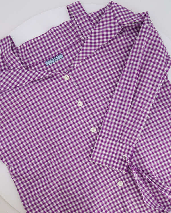 Prada Purple and White Vichy Printed Shirt with Tie Details Size IT 40 (UK 8)