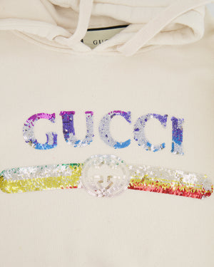 Gucci Cream Hoodie With Embroidered 'GUCCI' in Rainbow Colour Detail Size XS (UK 6)