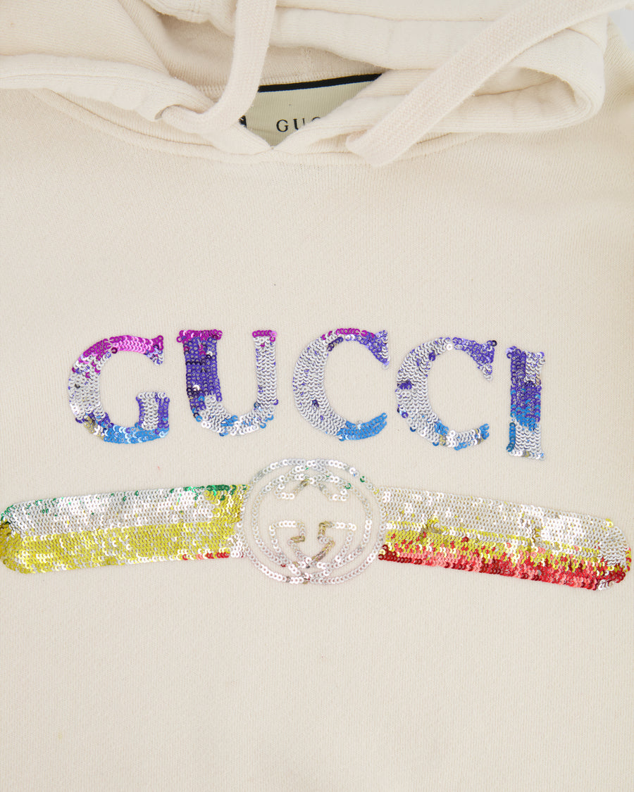 Gucci Cream Hoodie With Embroidered 'GUCCI' in Rainbow Colour Detail Size XS (UK 6)