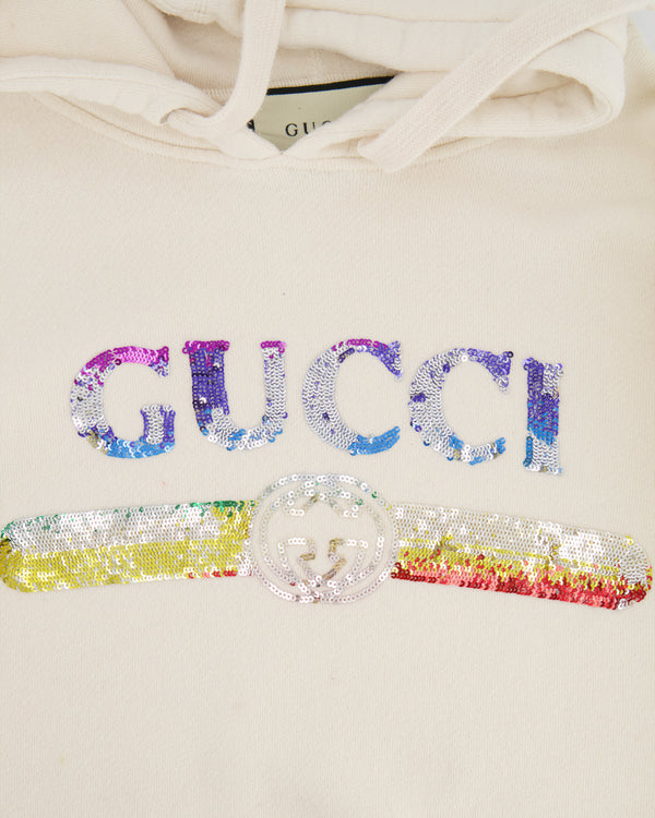 Gucci Cream Hoodie With Embroidered 'GUCCI' in Rainbow Colour Detail Size XS (UK 6)