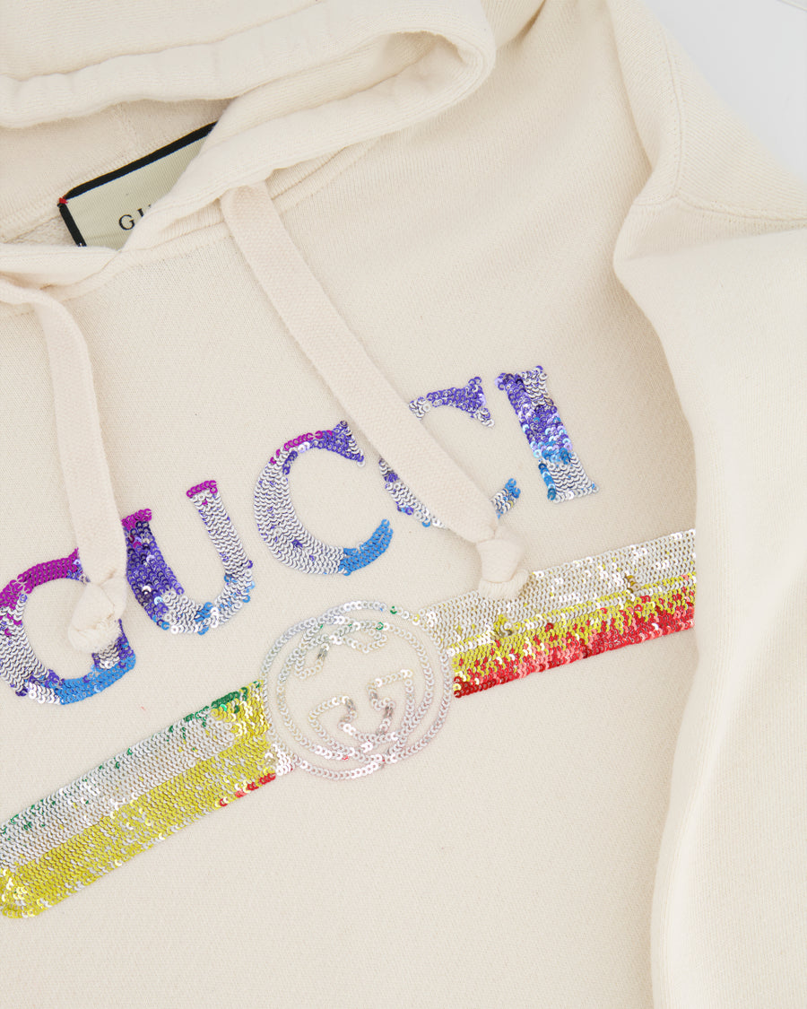 Gucci Cream Hoodie With Embroidered 'GUCCI' in Rainbow Colour Detail Size XS (UK 6)