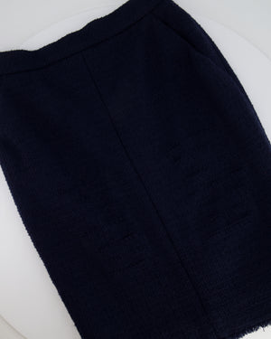 Chanel 08A Navy Tweed Jacket and Midi Skirt Set with Silver CC Logo Details Size FR 42 (UK 14)