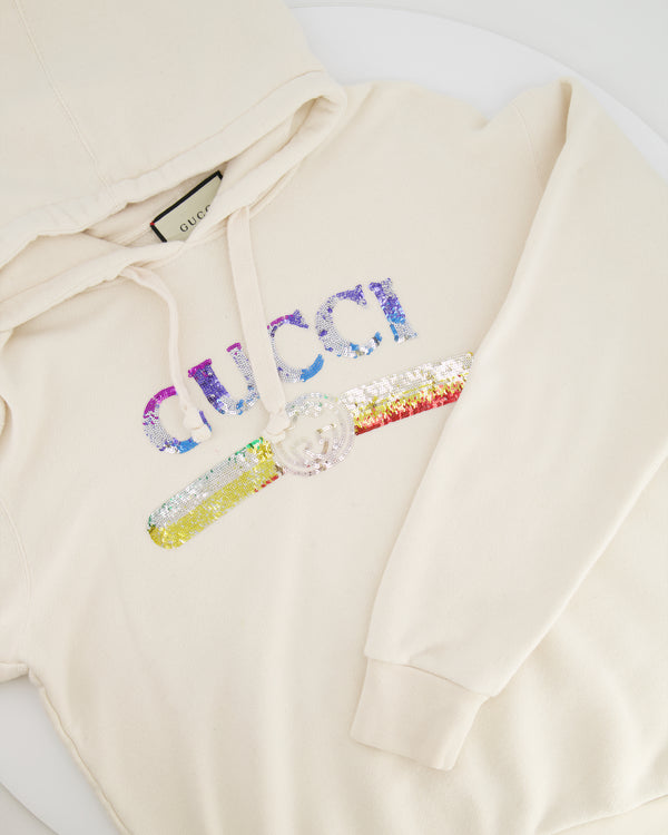 Gucci Cream Hoodie With Embroidered 'GUCCI' in Rainbow Colour Detail Size XS (UK 6)