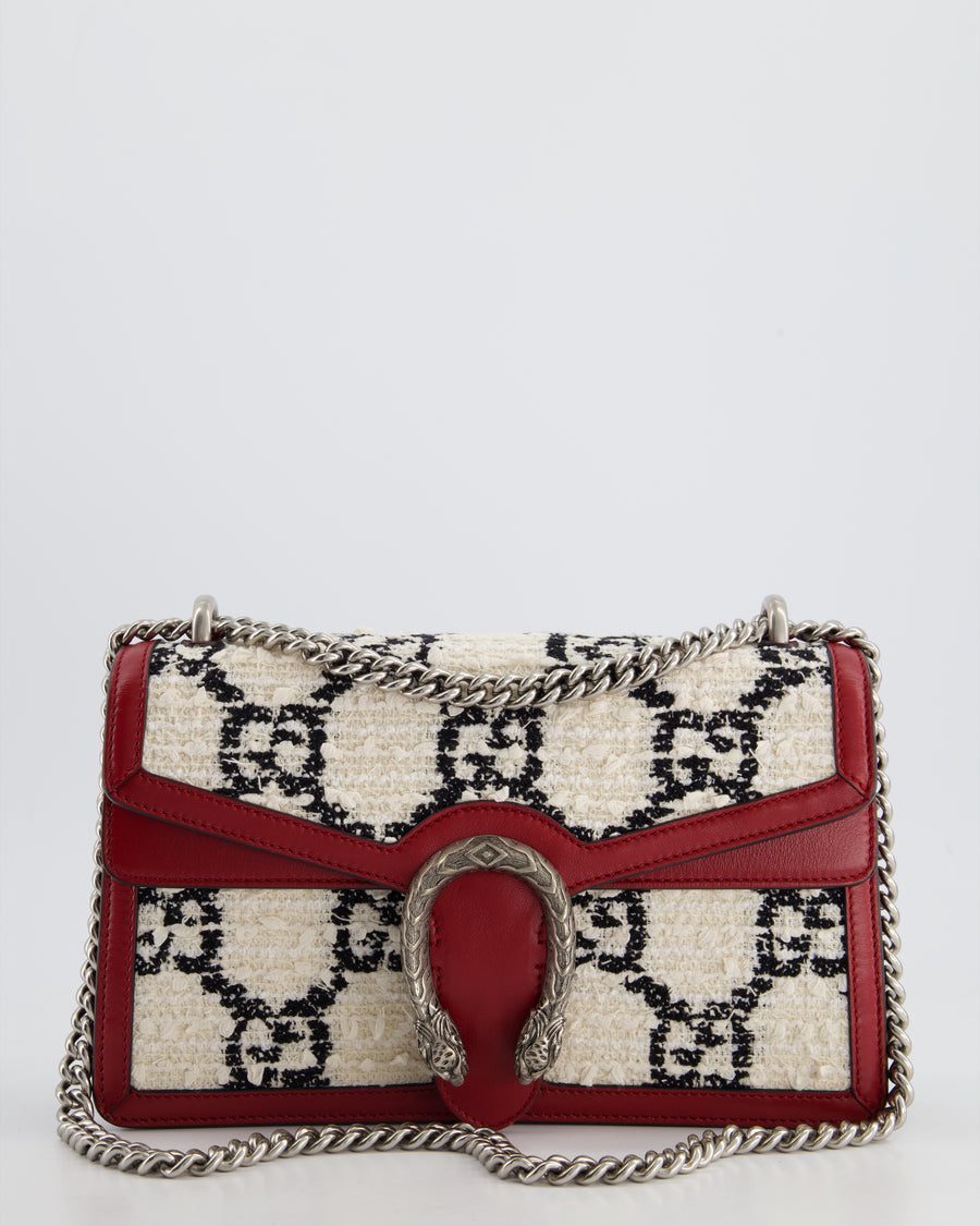 Gucci Red & Cream GG Medium Dionysus Shoulder Bag in Leather & Tweed with Ruthenium Hardware RRP £2650