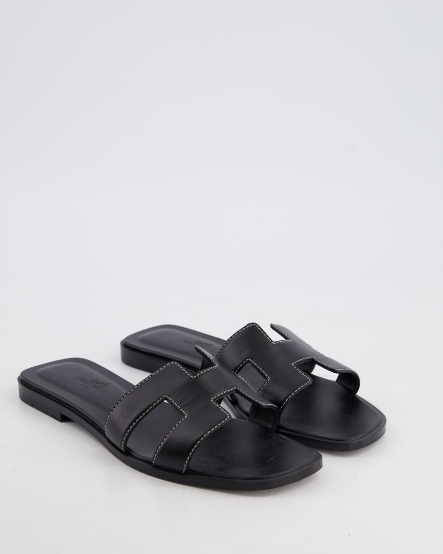 Hermès Black Oran Sandal with White Top Stitching Size EU 36 RRP £610